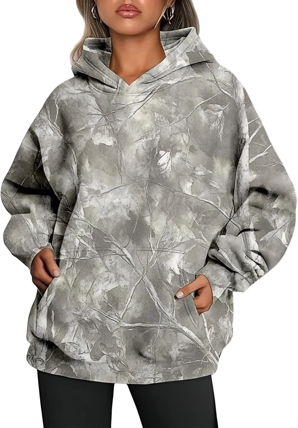 ZWRXW Womens Camo Hoodies Sweatshirts Maple Leaf Printed Fleece Oversized Pullover Casual Long Sleeve Tops with Pocket