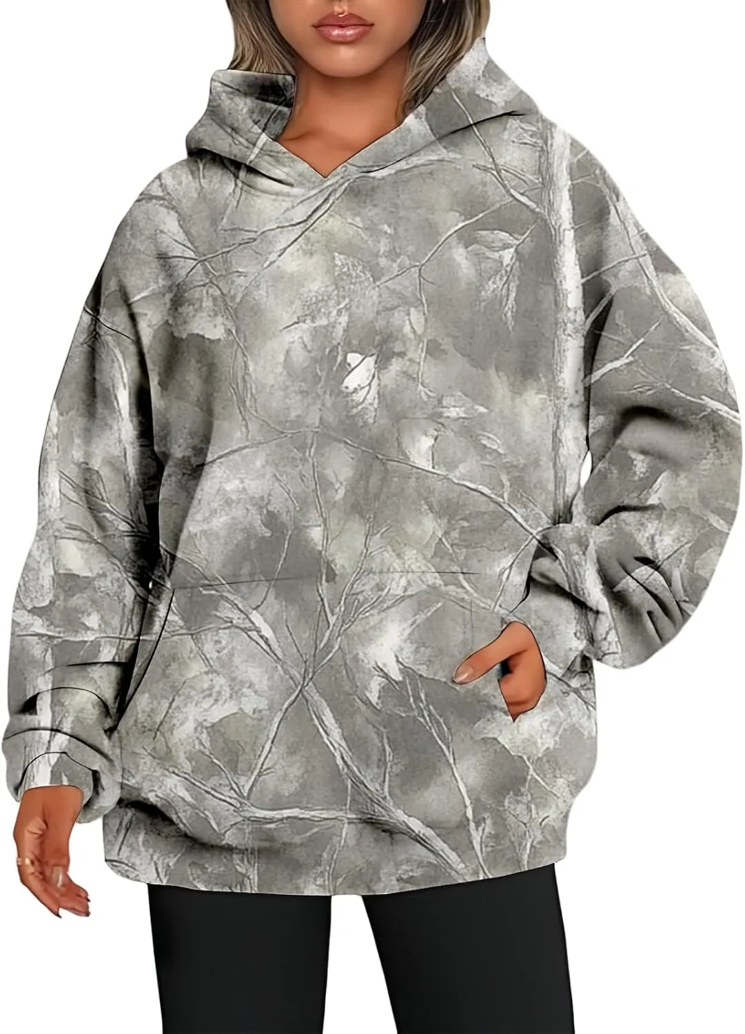 ZWRXW Womens Camo Hoodies Sweatshirts Maple Leaf Printed Fleece Oversized Pullover Casual Long Sleeve Tops with Pocket