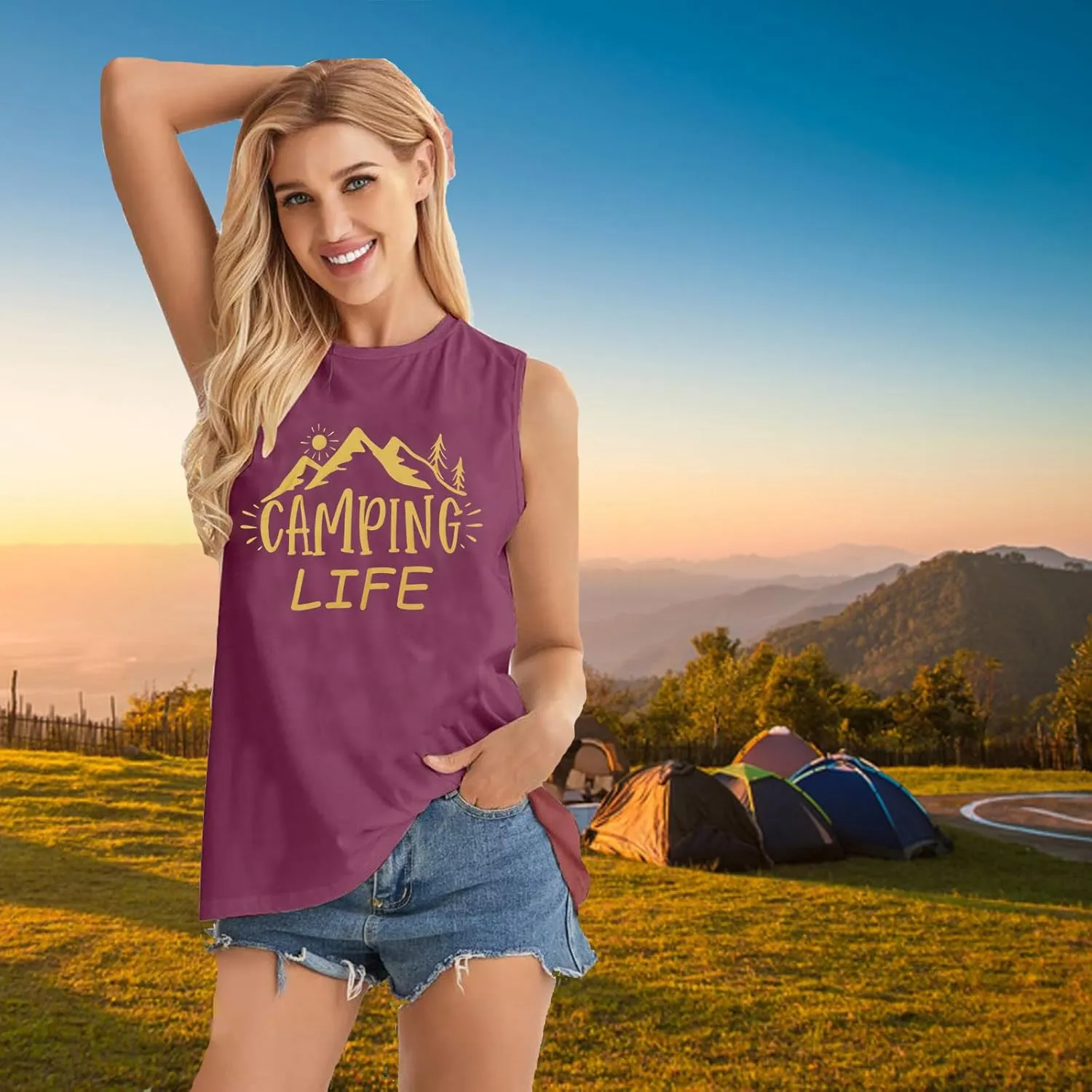 ZXCAHPT Tank Tops for Women Camping Life Graphic Tank Top Outdoor Hiking Sleeveless Tee Summer Mountain Loose Fit Vest Tees